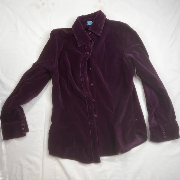 Vintage LL Bean Velvet Shirt Womens Adult XS Button Up Blouse Purple Top L050123 - Picture 1 of 4
